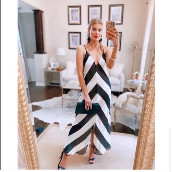 NWT Christopher John Rogers X Target Black White Chevron Stripe Slit Maxi Dress - Picture 2 of 8